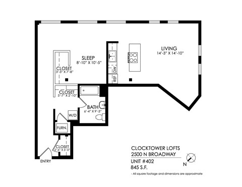 Floor plan for 1 bed, 1 bath, 879 sqft